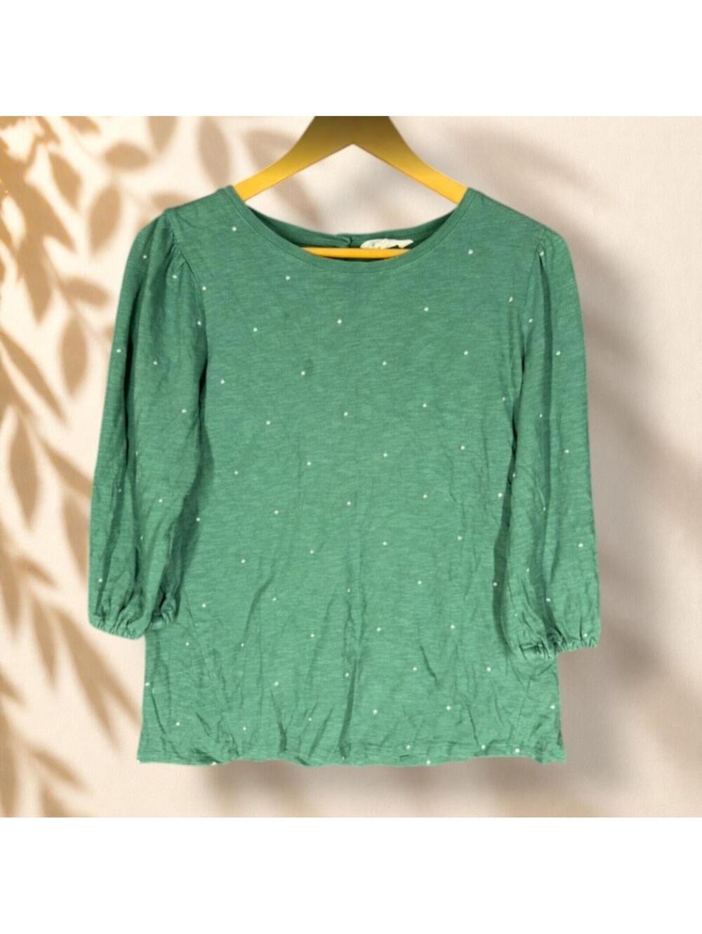 Fat Face Blouse Women 6 Green Polka Dot 3/4 Sleeve Button Round Neck Casual